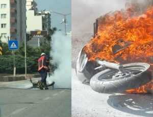 Otomobile çarpan motosiklet alev alev yandı